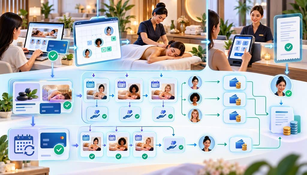 Prepaid massage package membership and therapist tip workflow