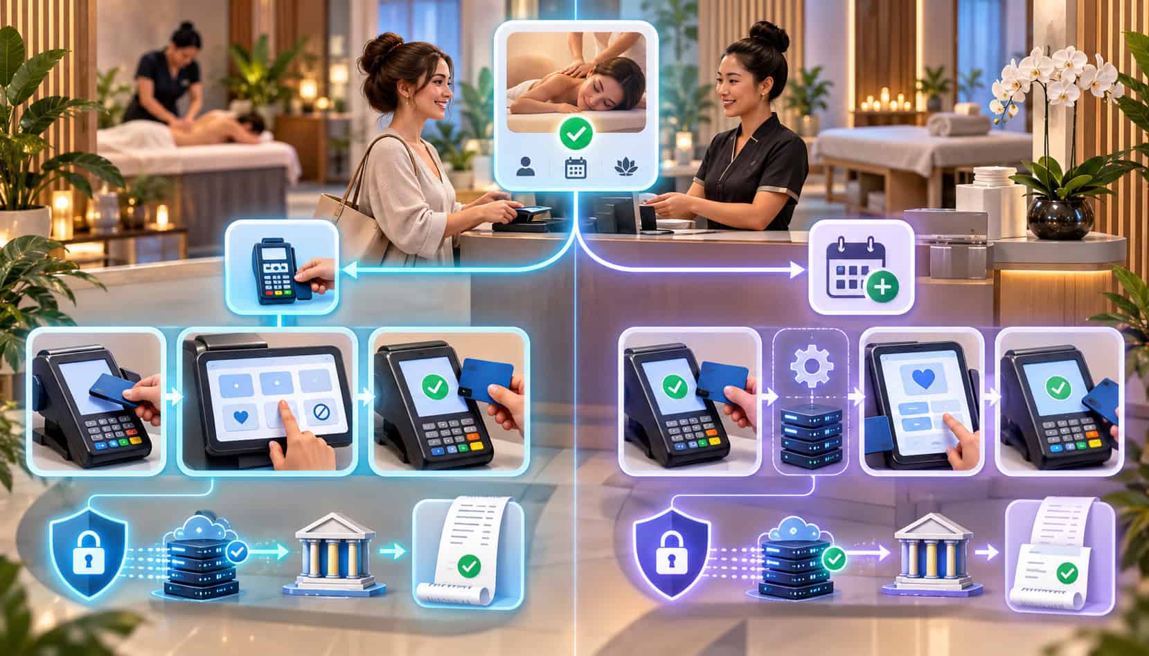 Tip at terminal versus tip adjustment for massage payments